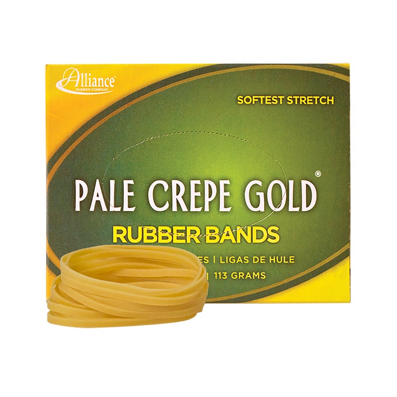 Alliance Rubber 20329 Pale Crepe Gold Rubber Bands Size #32, 1/4 lb Box Contains Approx. 275 Bands (3" x 1/8", Golden Crepe) - Image 1